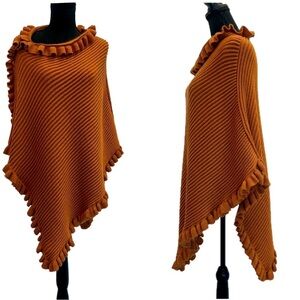 sarajane burnt orange ruffle frill knit cape shrug poncho shawl NWOT